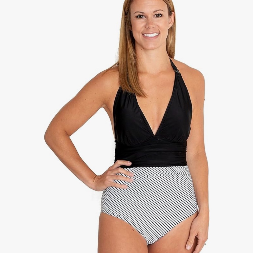 Nursing Friendly Black and White Striped Halter Swimsuit